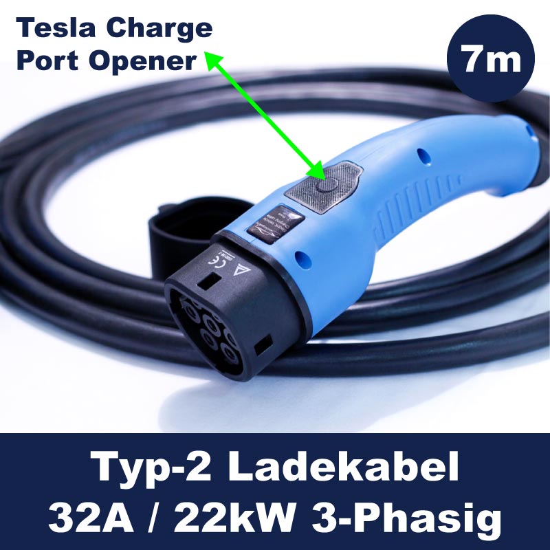 Ladekabel Typ2 inkl. Tesla Charge Port Openener 32A - 22kW - 3-Phasig - 7m  »