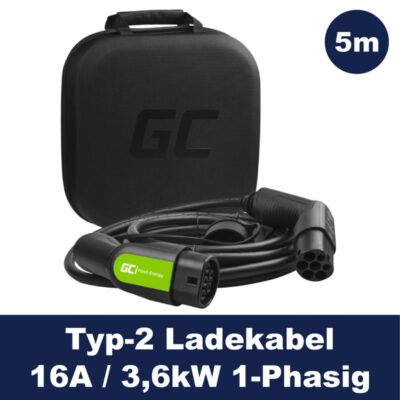 Greencell Elektroauto Ladekabel Typ2 - 3,6kW - 16A -1P - 5m