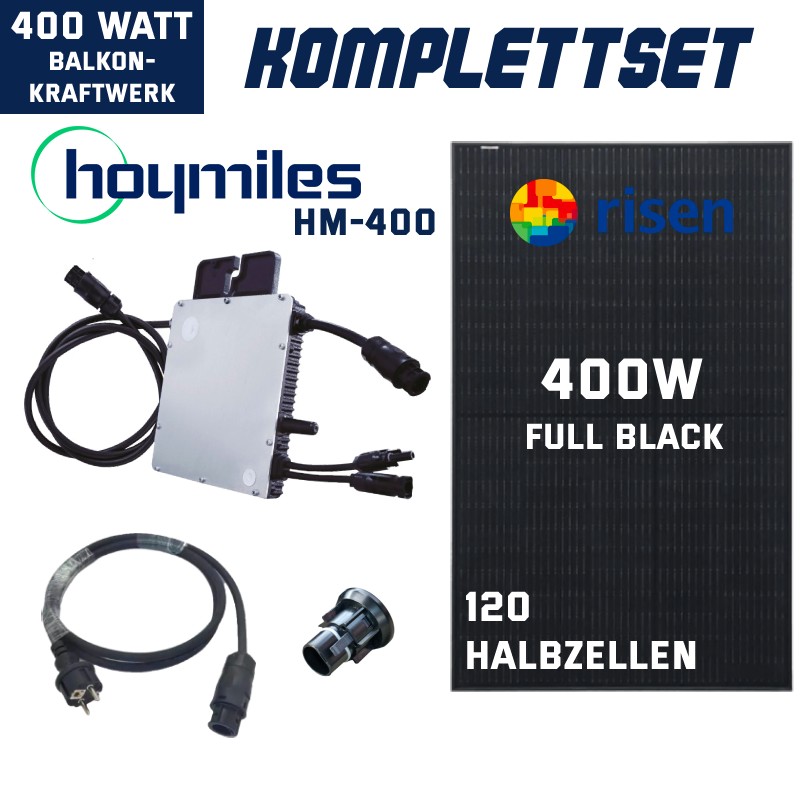 Balkonkraftwerk 400W Single Set 400Wp - Design Hoymiles HM-400 + 400W  Risen-Solarmodul Full Black »