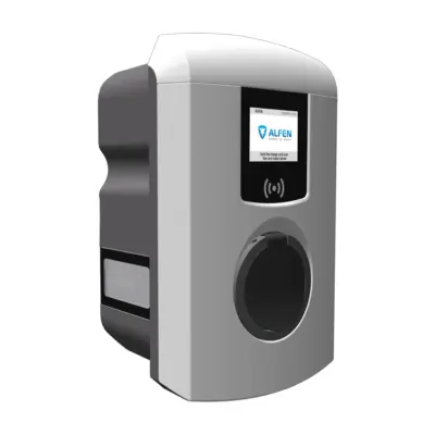 Alfen Eve Single Pro-Line DE in Grau schräg mit Display, RFID-Feld, Typ-2-Buchse und seitlichem Fenster des Eichrecht-Zählers