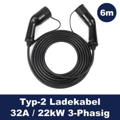 Elektroauto Ladekabel Typ-2 22kW 3-Phasig 6m Länge