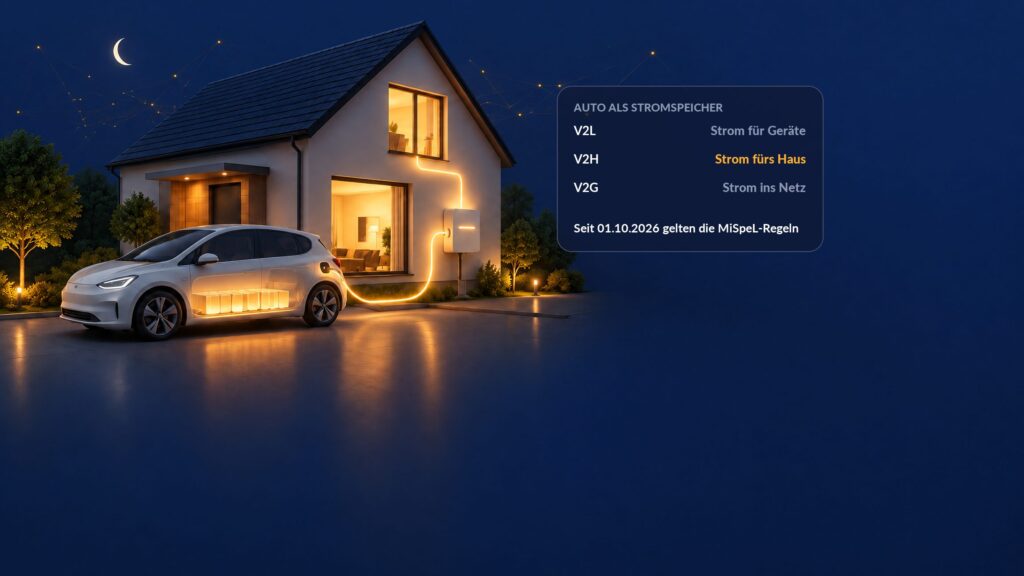 Grafik: E-Auto versorgt abends über eine bidirektionale Wallbox das Haus mit Strom, daneben eine Übersicht zu V2L, V2H und V2G