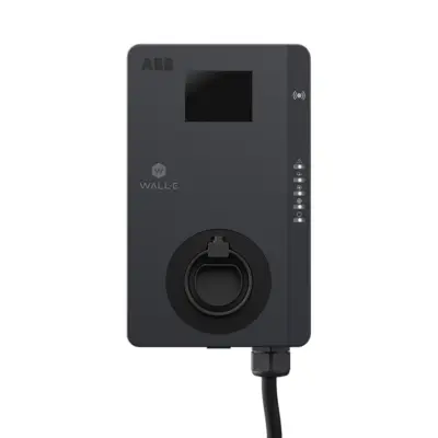 ABB Terra AC 11 kW Wall-E Edition in Dunkelgrau von vorn mit Display, RFID-Feld, Status-LEDs, Steckerhalterung und Ladekabel, eichrechtskonform