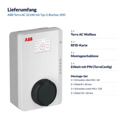 Lieferumfang ABB Terra AC 22 kW mit Typ-2-Buchse, MID: 1 × Terra AC Wallbox, 1 × RFID-Karte, 1 × Montageschablone, 1 × Etikett mit PIN (TerraConfig); Montage-Set: 2 × Schrauben oben M6 × 60, 2 × Dübel 8 × 60 mm, 2 × Schrauben unten M6 × 120, 2 × Dübel 10 × 60 mm