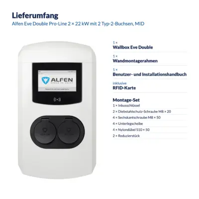 Lieferumfang Alfen Eve Double Pro-Line 2 × 22 kW mit 2 Typ-2-Buchsen, MID: 1 × Wallbox Eve Double, 1 × Wandmontagerahmen, 1 × Benutzer- und Installationshandbuch, inklusive RFID-Karte; Montage-Set: 1 × Inbusschlüssel, 2 × Diebstahlschutz-Schraube M8 × 20, 4 × Sechskantschraube M8 × 50, 4 × Unterlegscheibe, 4 × Nylondübel S10 × 50, 2 × Reduzierstück