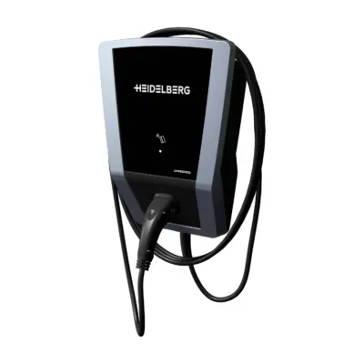 Amperfied Heidelberg connect.solar 11 kW, 5 m Wallbox schräg von rechts mit Ladekabel und Typ-2-Stecker