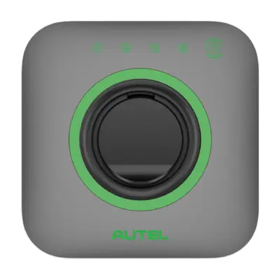 Autel MaxiCharger AC Compact Wallbox in Grau von vorn mit grünem Leuchtring um die Typ-2-Buchse