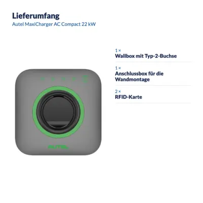 Lieferumfang Autel MaxiCharger AC Compact 22 kW: 1 × Wallbox mit Typ-2-Buchse, 1 × Anschlussbox für die Wandmontage, 2 × RFID-Karte