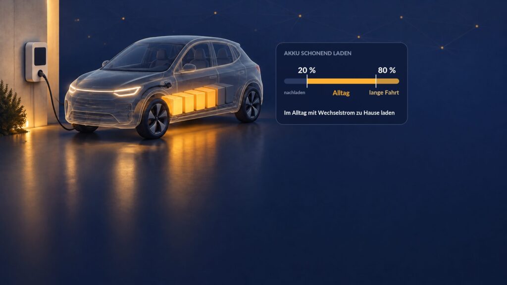 Grafik: durchsichtiges E-Auto lädt an der Wallbox, Akku im Boden zum Großteil gefüllt; Ladegrenze im Alltag 80 Prozent, ab 20 Prozent nachladen
