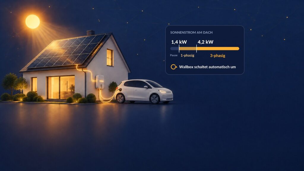 Grafik: Haus mit Solaranlage lädt ein E-Auto an der Wallbox; ab 1,4 kW Sonnenstrom lädt sie einphasig, ab 4,2 kW dreiphasig und schaltet automatisch um