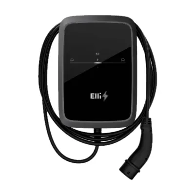 Elli Charger Connect 2 11 kW Wallbox in Schwarz von vorn mit aufgerolltem Ladekabel und Typ-2-Stecker