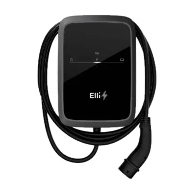 Elli Charger Pro 2 22 kW Wallbox in Schwarz von vorn mit aufgerolltem Ladekabel und Typ-2-Stecker