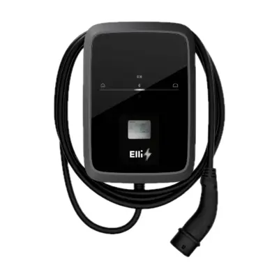 Elli Charger Pro 2 Eichrecht 22 kW Wallbox in Schwarz von vorn mit Zähler-Sichtfenster, aufgerolltem Ladekabel und Typ-2-Stecker