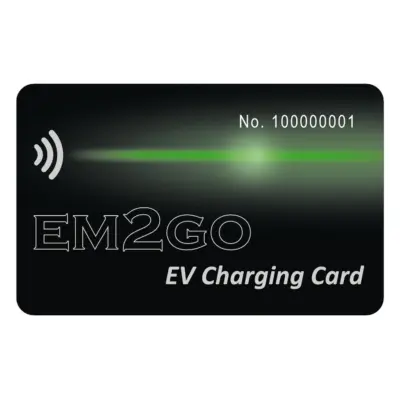EM2GO Online RFID-Karte, Vorderseite in Schwarz mit Funksymbol, Kartennummer und Schriftzug „EV Charging Card“