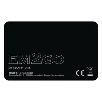 EM2GO Online RFID-Karte, Rückseite mit EM2GO-Schriftzug, CE-Zeichen und Herstellerangaben