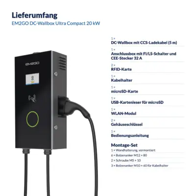 Lieferumfang EM2GO DC-Wallbox Ultra Compact 20 kW: 1 × DC-Wallbox mit CCS-Ladekabel (5 m), 1 × Anschlussbox mit FI/LS-Schalter und CEE-Stecker 32 A, 2 × RFID-Karte, 1 × Kabelhalter, 1 × microSD-Karte, 1 × USB-Kartenleser für microSD, 1 × WLAN-Modul, 2 × Gehäuseschlüssel, 1 × Bedienungsanleitung; Montage-Set: 1 × Wandhalterung, vormontiert, 6 × Bolzenanker M12 × 80, 2 × Schraube M5 × 10, 3 × Bolzenanker M10 × 60 für Kabelhalter