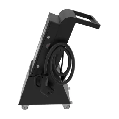 EM2GO Mobile DC-Wallbox Ultra Power mit Rollwagen von der Seite: Rollwagen mit Rollen und Schiebebügel, aufgewickeltes CCS-Ladekabel