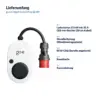 Lieferumfang go-e Charger Gemini flex 22 kW: 1 × Ladestation 22 kW mit 32 A CEE-rot-Stecker (30 cm Kabel), 1 × Wandhalterung (Wandmontageplatte), 1 × RFID-Chip (bereits angelernt), 1 × Resetkarte, 1 × Kurzanleitung