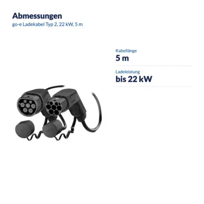 Maße go-e Ladekabel Typ 2, 22 kW, 5 m: Kabellänge 5 m, Ladeleistung bis 22 kW