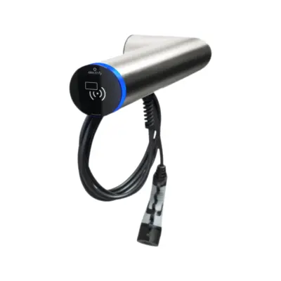 Wallbox Hesotec eBox wr30-L Smart 22 kW mit MID-Zähler aus gebürstetem Edelstahl, Ausführung L mit Kopf links: schwarze Front mit RFID-Feld, blauer LED-Leuchtring, fest angeschlagenes 4-m-Typ-2-Ladekabel