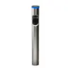 Ladesäule Hesotec eSat r10 Base 11 kW aus gebürstetem Edelstahl von vorn mit Typ-2-Ladebuchse mit Klappdeckel, blauer LED-Leuchtring am Kopf