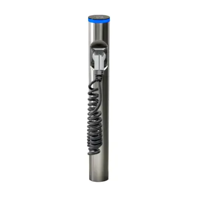 Ladesäule Hesotec eSat r20 Smart 11 kW aus gebürstetem Edelstahl von vorn mit 4 m Spiralladekabel, Typ-2-Stecker in der Parkdose, blauer LED-Leuchtring am Kopf