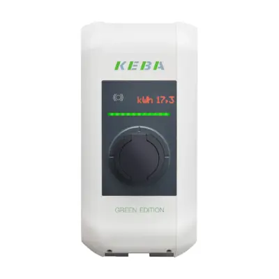 Wallbox Keba KeContact P30 x-series mit weißem Gehäuse und Typ-2-Ladebuchse, Vorderansicht: KEBA-Logo, Zähleranzeige, RFID-Symbol und grüne LED-Leiste im dunklen Bedienfeld, Schriftzug GREEN EDITION