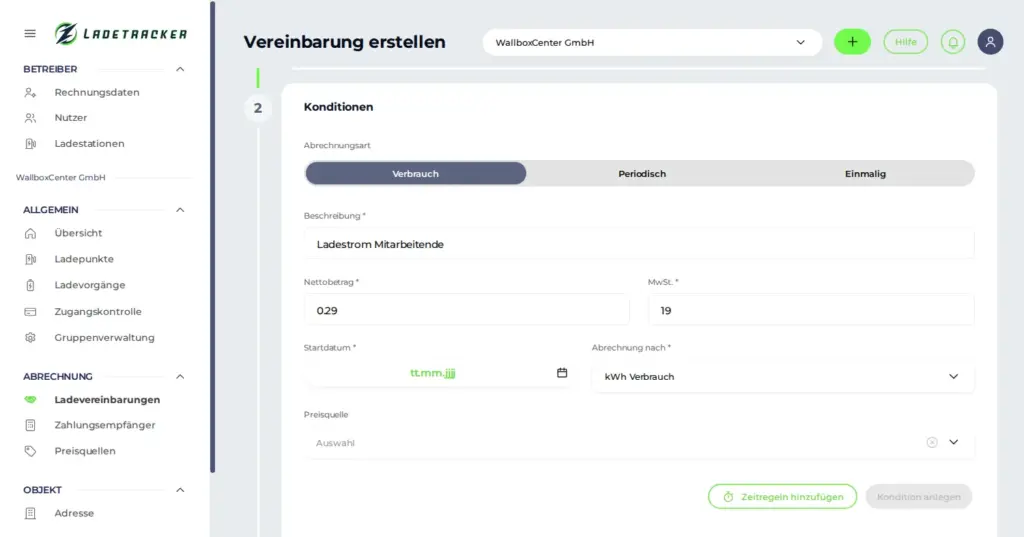 Ladetracker-Portal: Ladevereinbarung erstellen, Konditionen mit Abrechnung nach Verbrauch