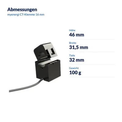 Maße myenergi CT-Klemme 16 mm: Höhe 46 mm, Breite 31,5 mm, Tiefe 32 mm, Gewicht 100 g