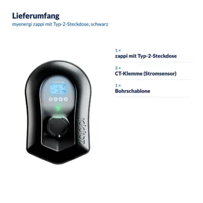 Lieferumfang myenergi zappi mit Typ-2-Steckdose, schwarz: 1 × zappi mit Typ-2-Steckdose, 3 × CT-Klemme (Stromsensor), 1 × Bohrschablone