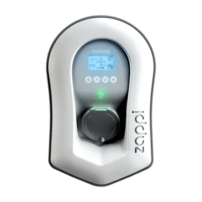 myenergi zappi in Weiß mit Typ-2-Steckdose von vorn