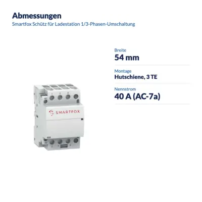 Maße Smartfox Schütz für Ladestation 1/3-Phasen-Umschaltung: Breite 54 mm, Montage Hutschiene, 3 TE, Nennstrom 40 A (AC-7a)