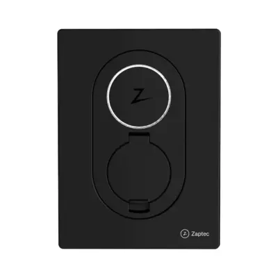 Zaptec Go Wallbox in Asphalt Black von vorn mit Leuchtring und geschlossener Klappe der Typ-2-Steckdose